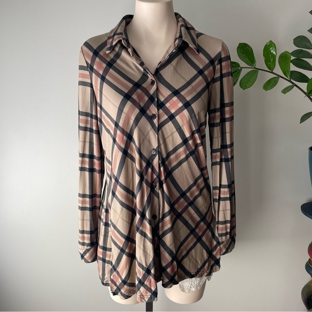 Michael Tyler Check Button Down Drapey Top Shirt Womens Size Small